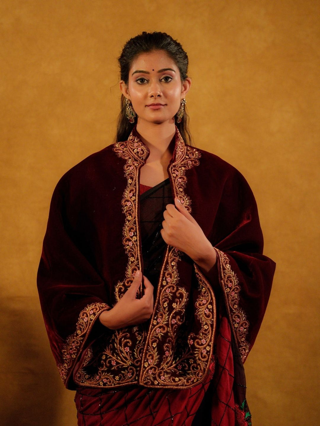 Maroon Velvet Poncho With Gold Zardozi Work
