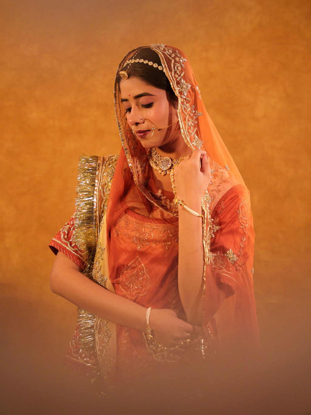 Peach Orange Satin Rajputi Poshak With Heavy Zardozi work