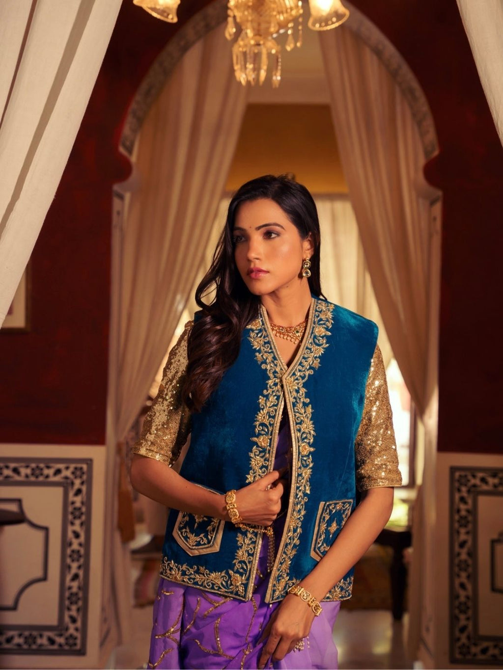 Teal Velvet Sleeveless Jacket With Gold Zari Embroidery