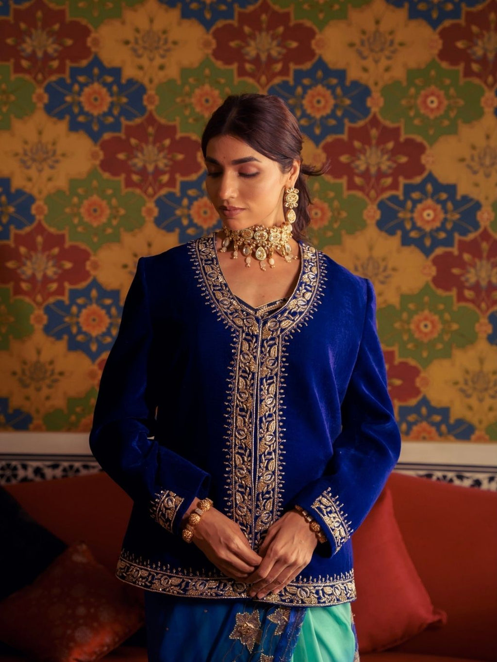 Royal Blue Velvet Jacket – Gold Zari Embroidery