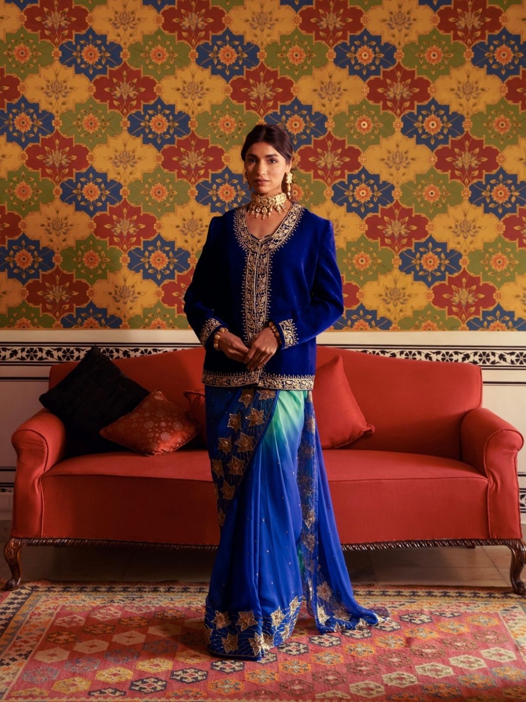 Royal Blue Velvet Jacket – Gold Zari Embroidery
