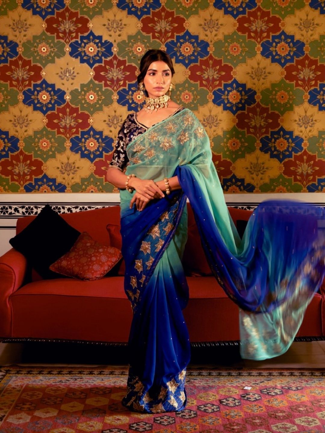 Sea Green Royal Blue Chinon Saree – Gold Embroidery