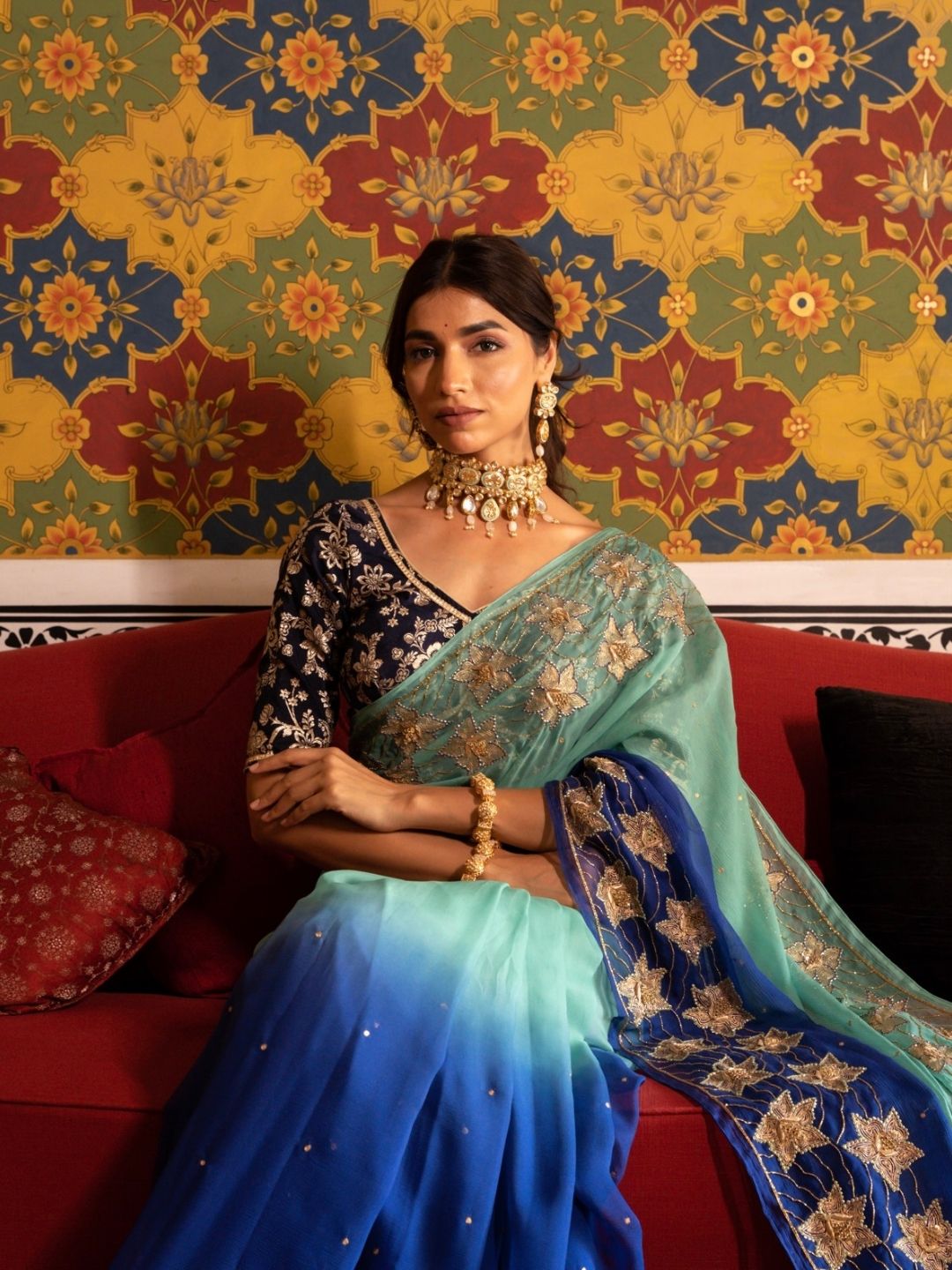 Sea Green Royal Blue Chinon Saree – Gold Embroidery