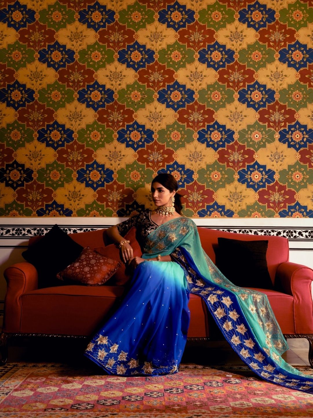 Sea Green Royal Blue Chinon Saree – Gold Embroidery