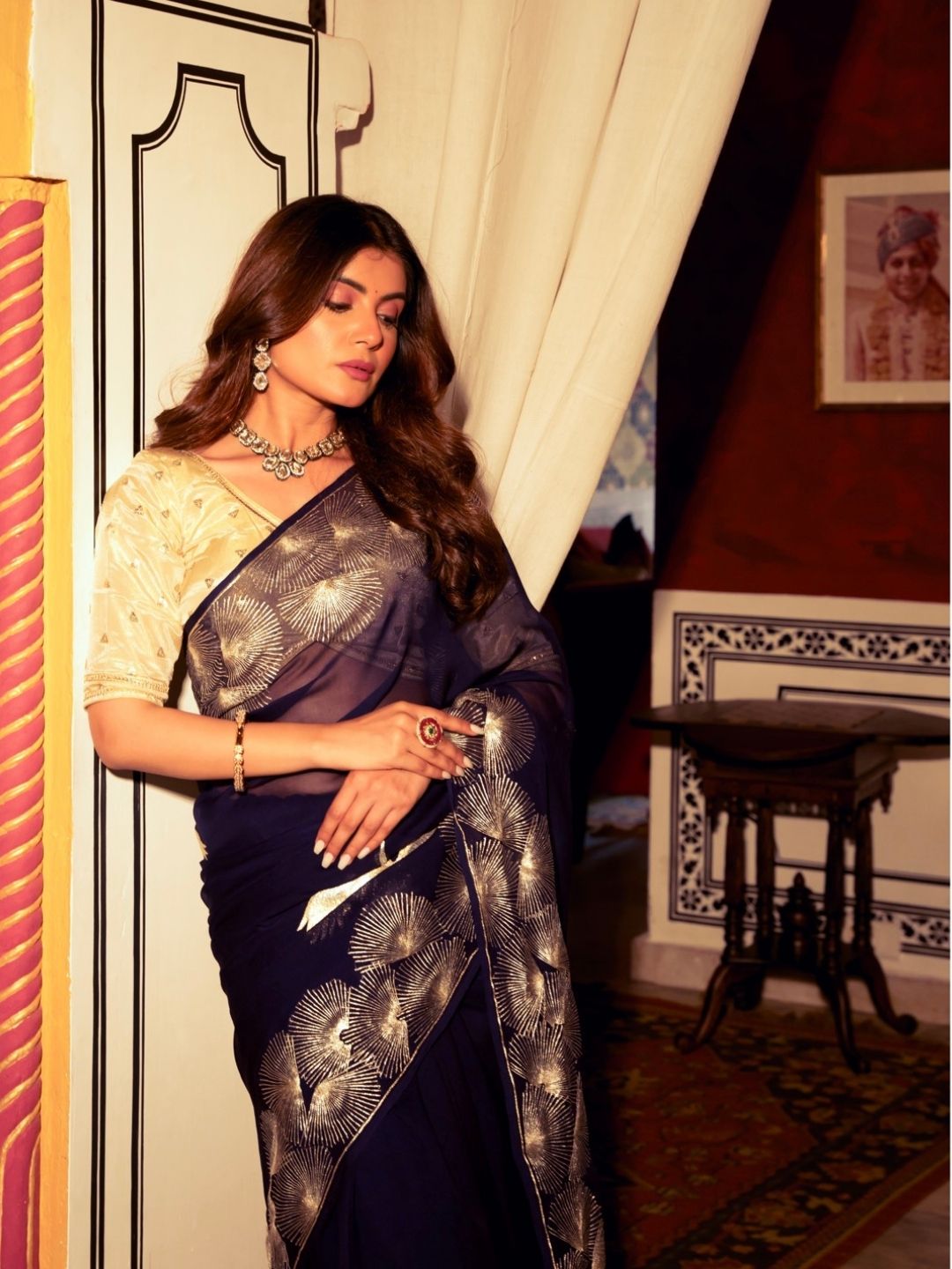 Navy Blue Chinon Saree – Gold Fan Motif Embroidery