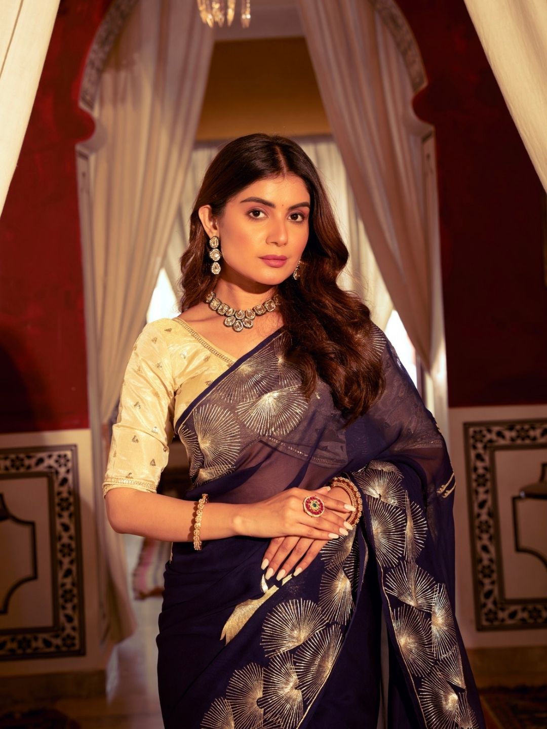 Navy Blue Chinon Saree – Gold Fan Motif Embroidery