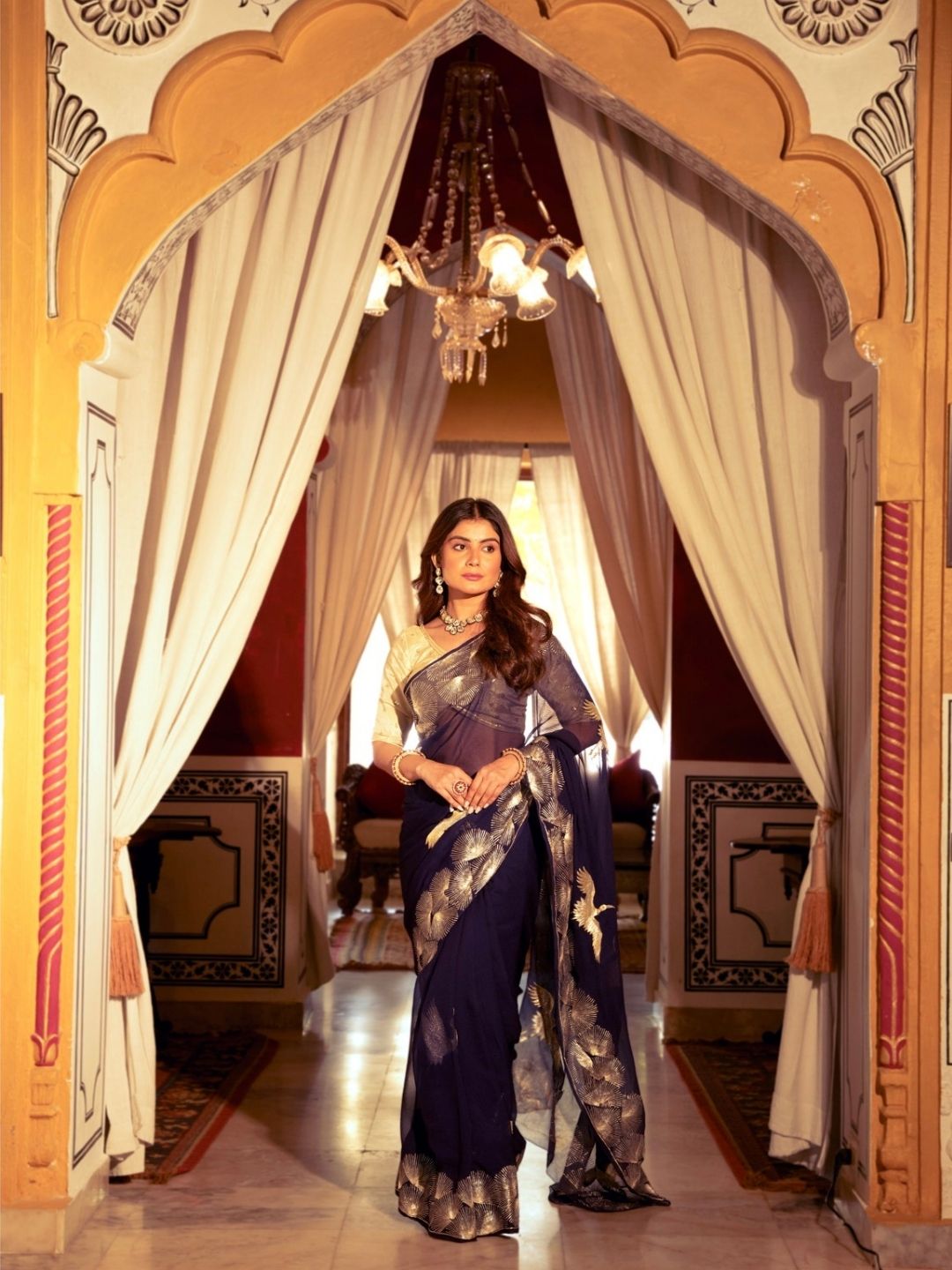 Navy Blue Chinon Saree – Gold Fan Motif Embroidery