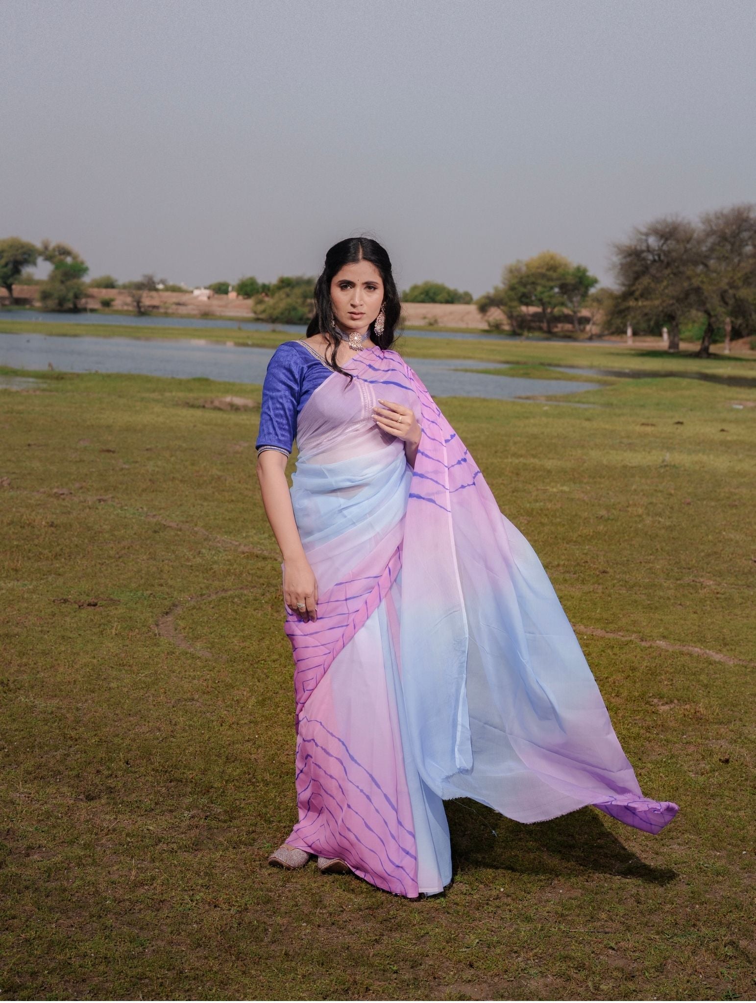 Levender Pink Ice Blue Multicolor Hand-Dyed Double Diamond Chiffon Saree