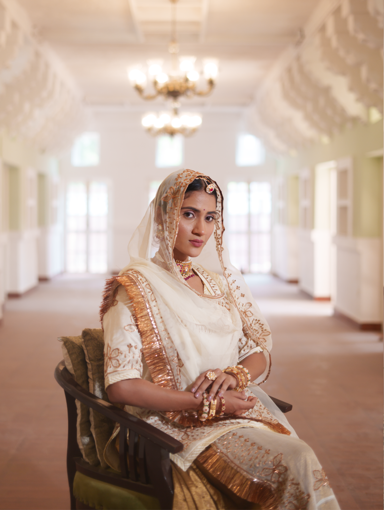 Ivory and Gold Tissue Bamber Satin  Rajputi Poshak