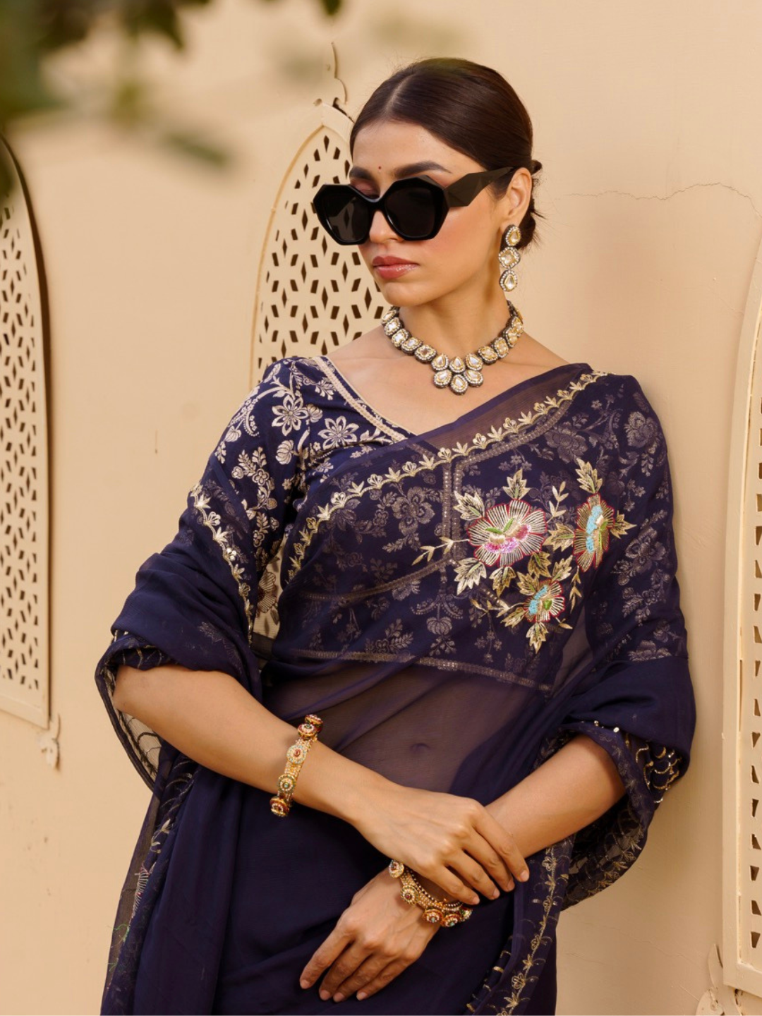 Navy Blue Chiffon Saree – Floral Zari