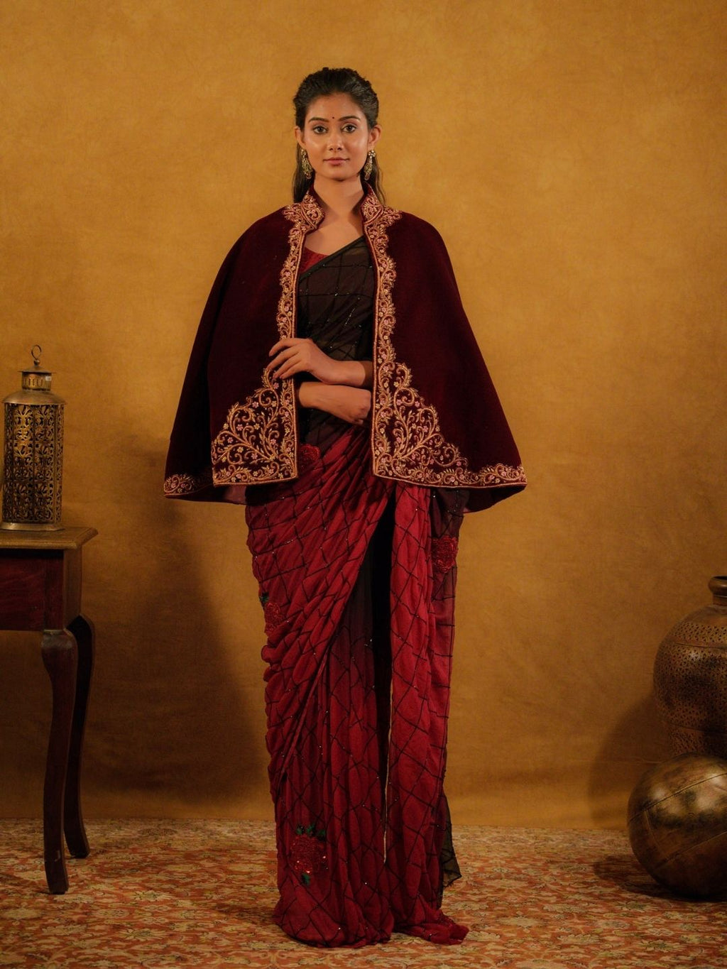 Maroon Velvet Poncho With Gold Zardozi Work