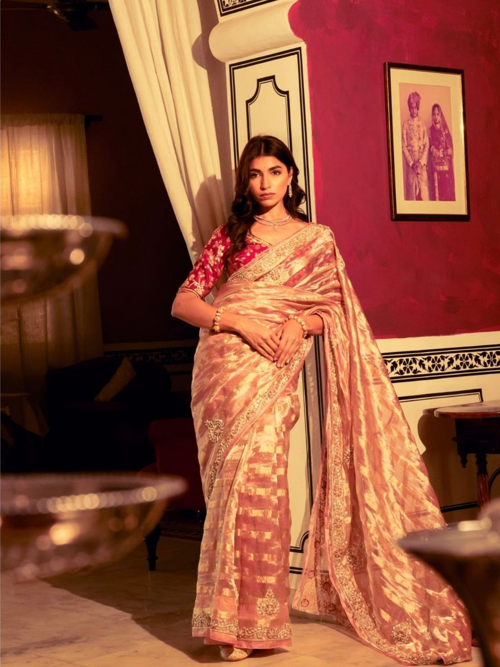 Rose Gold Tissue Silk Saree – Embroidered Border