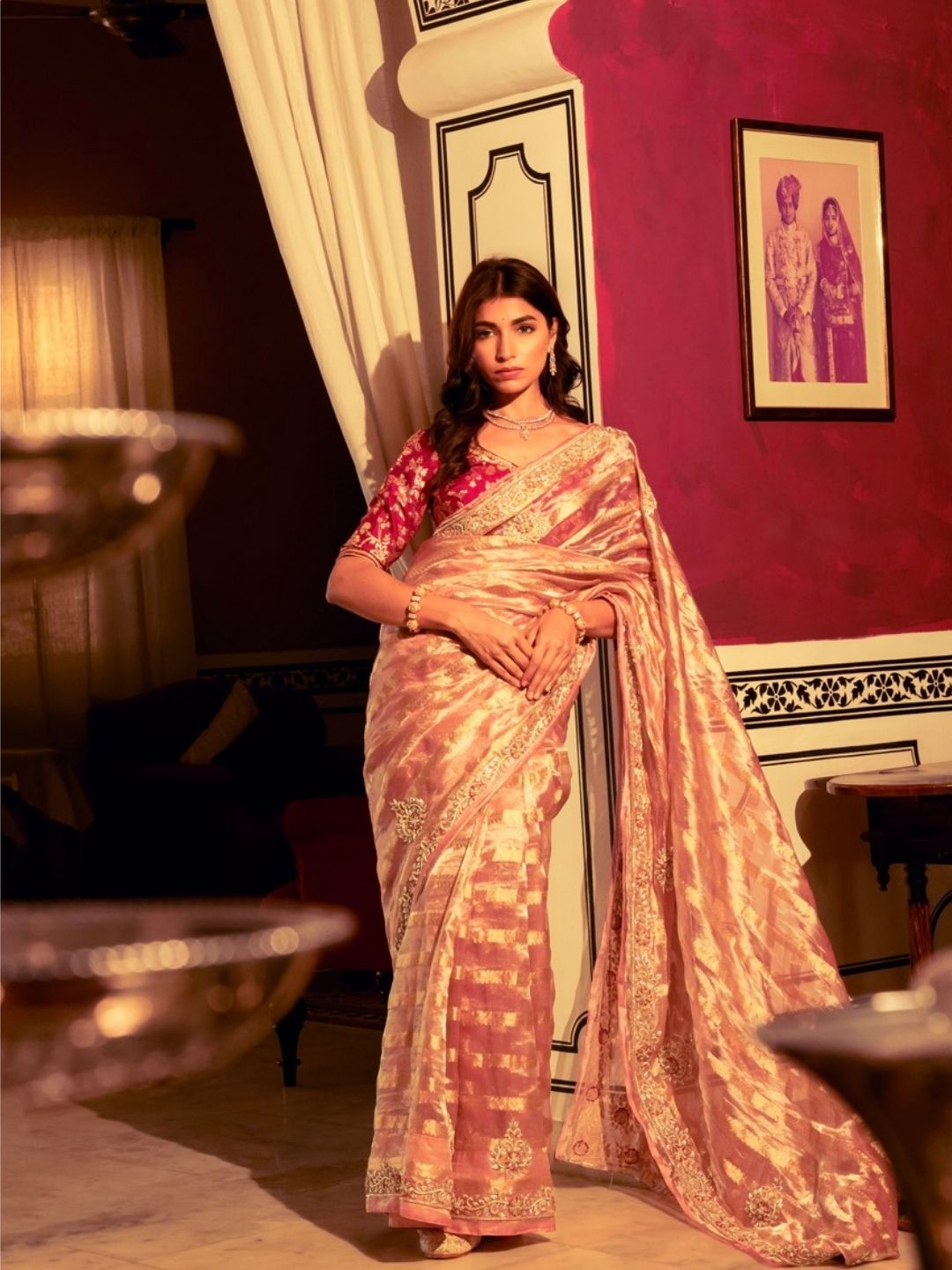 Rose Gold Tissue Silk Saree – Embroidered Border