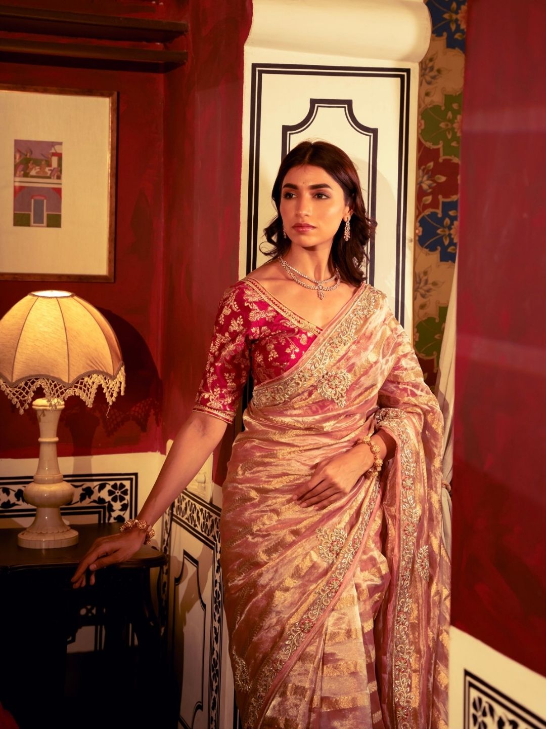 Rose Gold Tissue Silk Saree – Embroidered Border