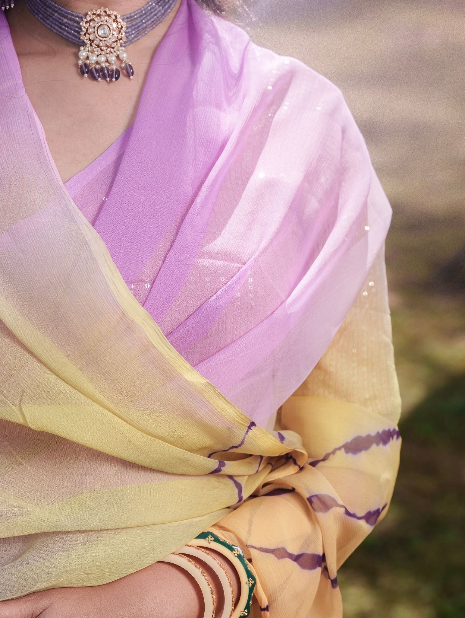 Levender Yellow Multicolor Hand-Dyed Double Diamond Chiffon Saree