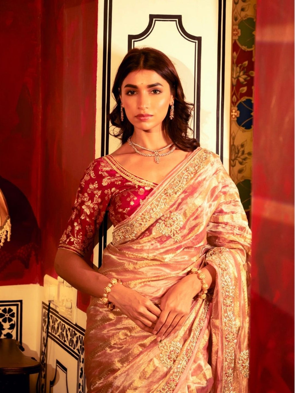 Rose Gold Tissue Silk Saree – Embroidered Border