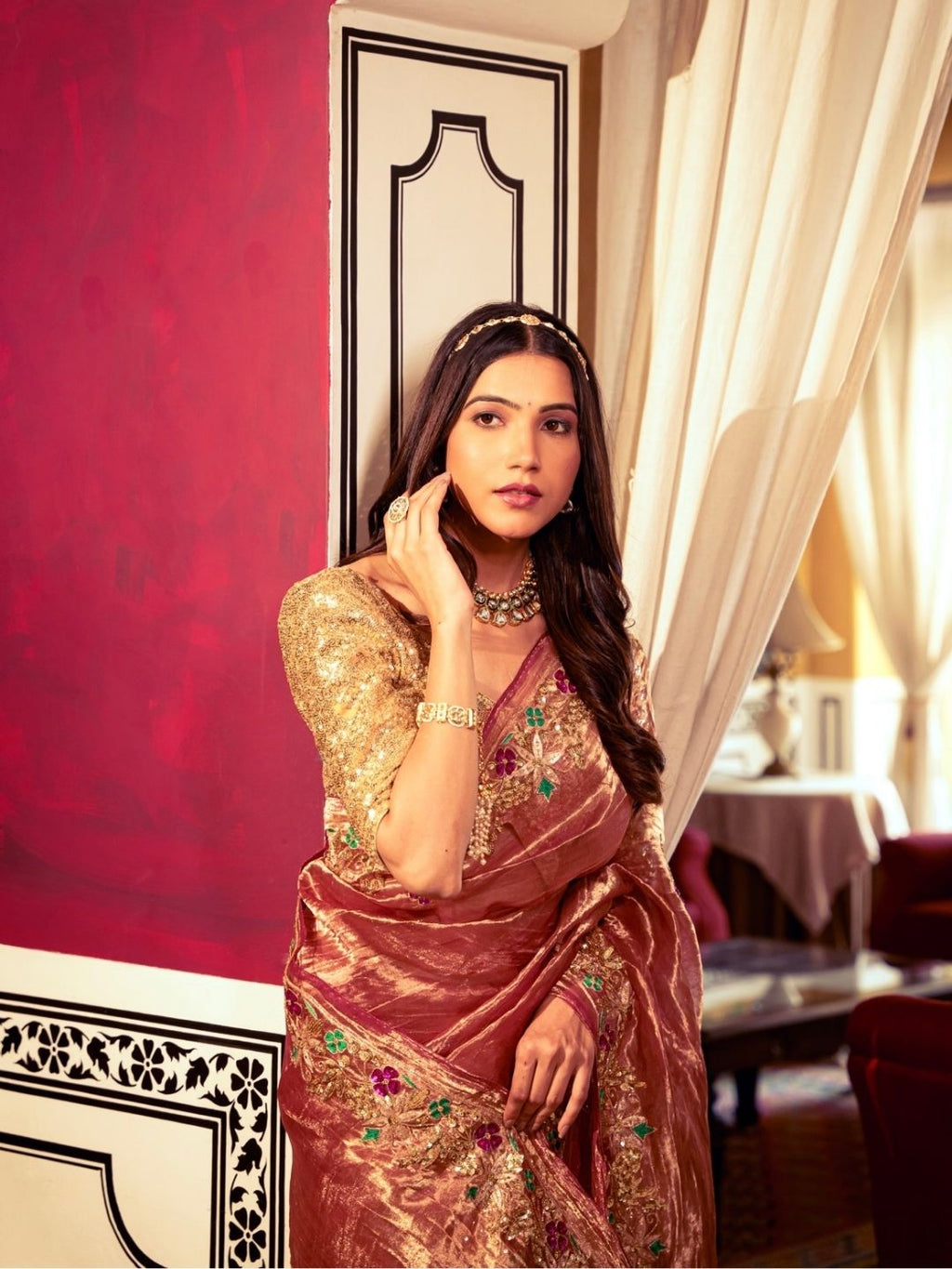 Rose Gold Tissue Silk Saree With Sequins and Zardozi Work