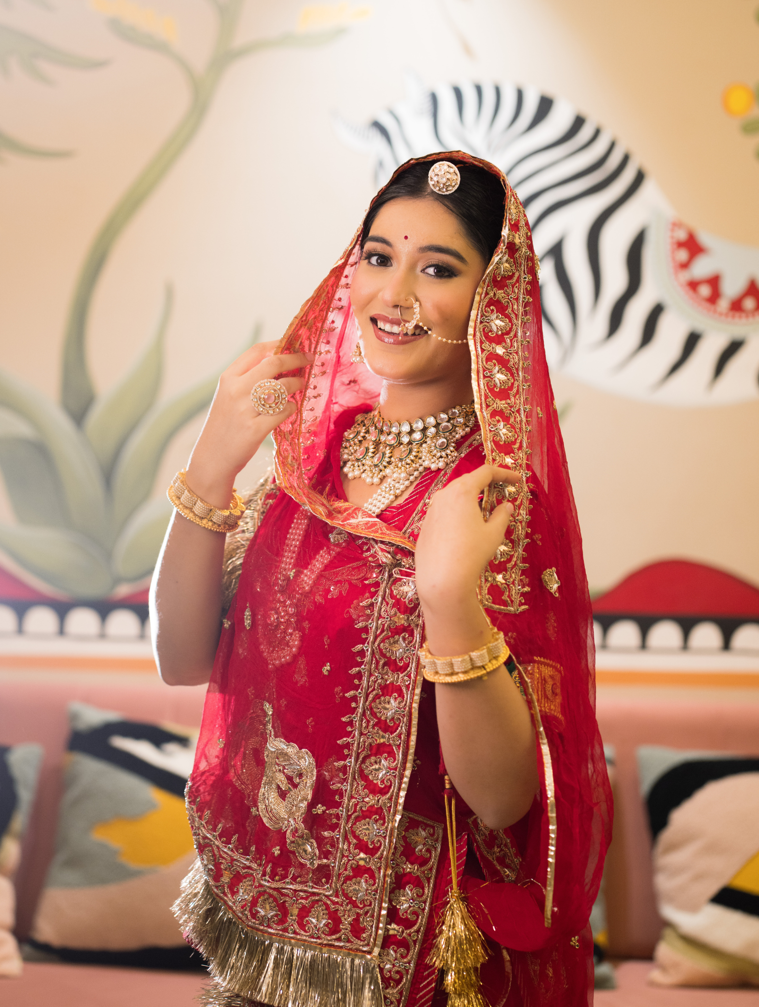 Satin Red Bridal Poshak with Zardozi Work