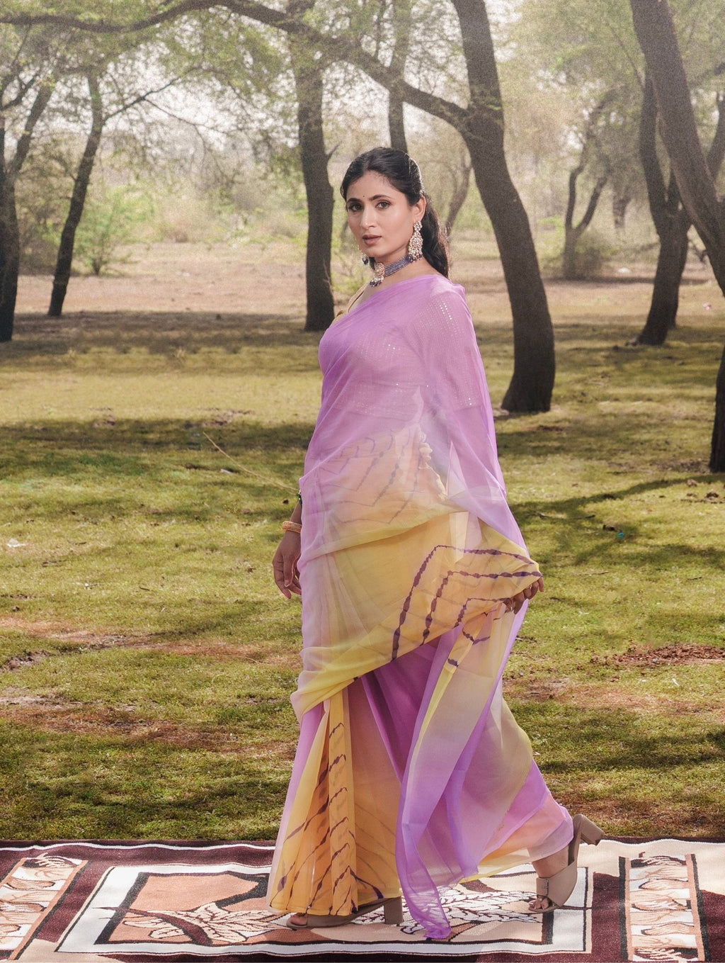 Levender Yellow Multicolor Hand-Dyed Double Diamond Chiffon Saree