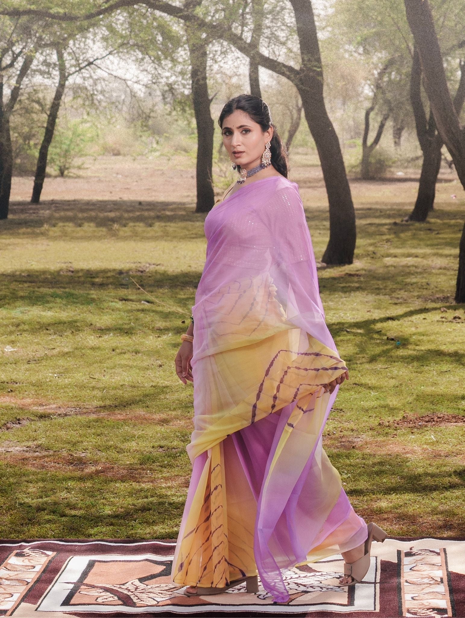 Levender Yellow Multicolor Hand-Dyed Double Diamond Chiffon Saree