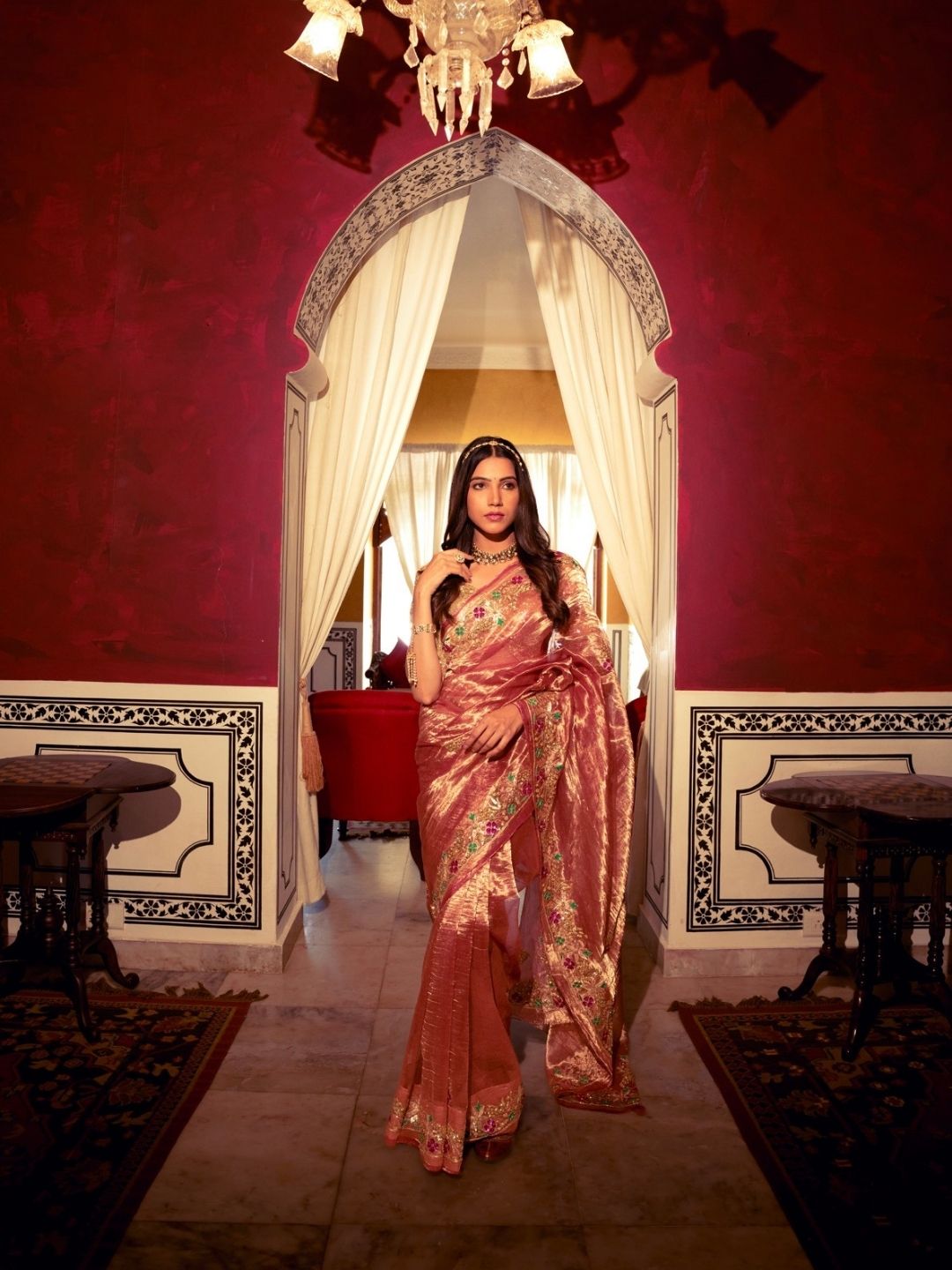 Rose Gold Tissue Silk Saree – Floral Embroidery