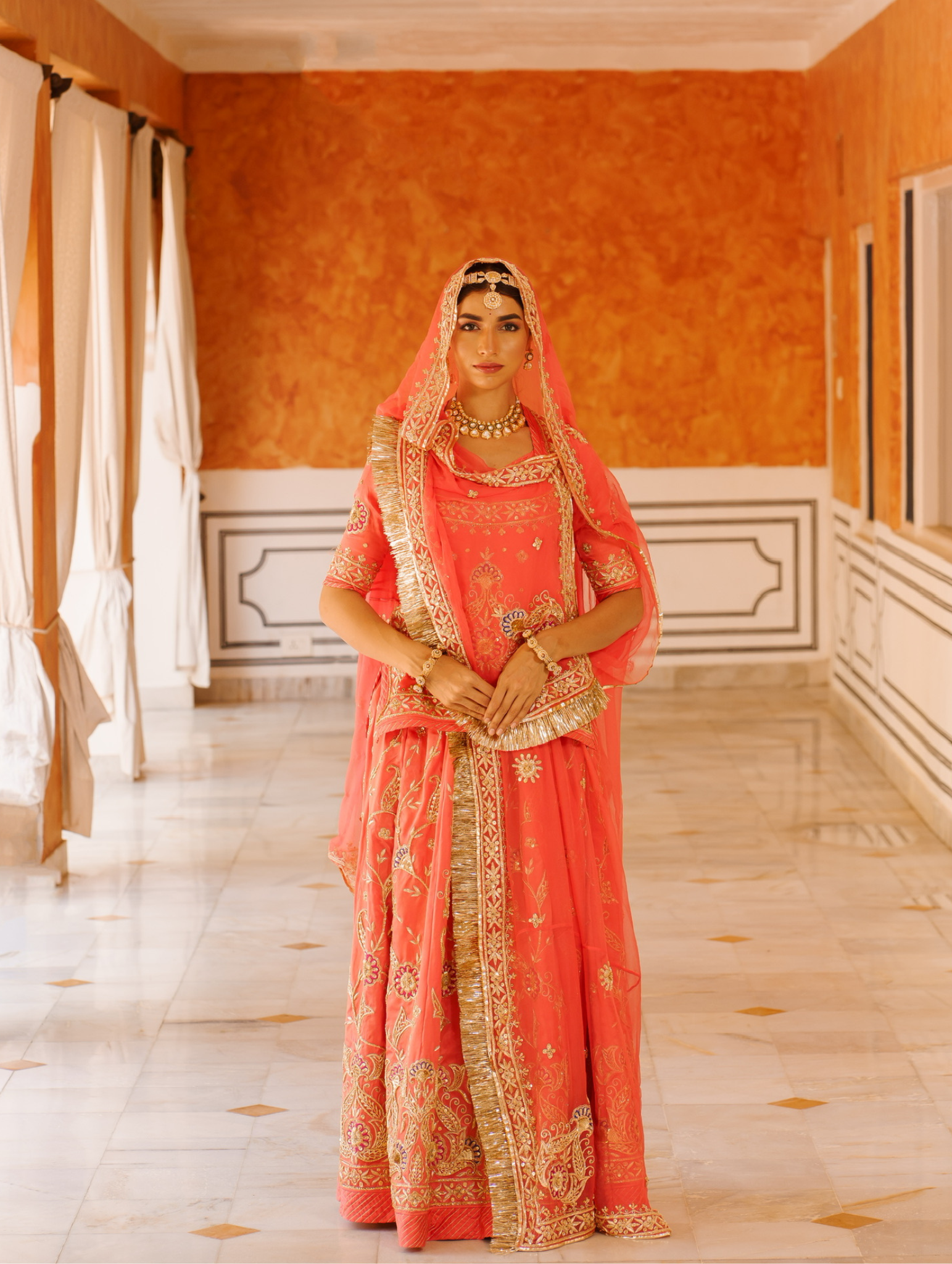 Coral Peach Satin Rajputi Poshak With Pure Odhna