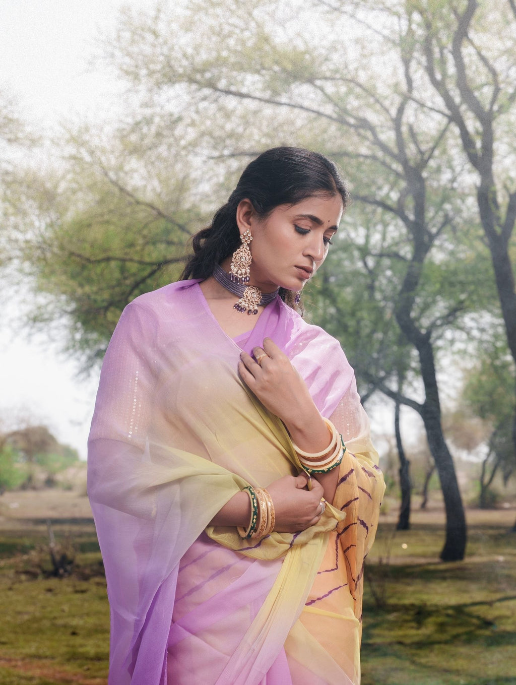 Levender Yellow Multicolor Hand-Dyed Double Diamond Chiffon Saree