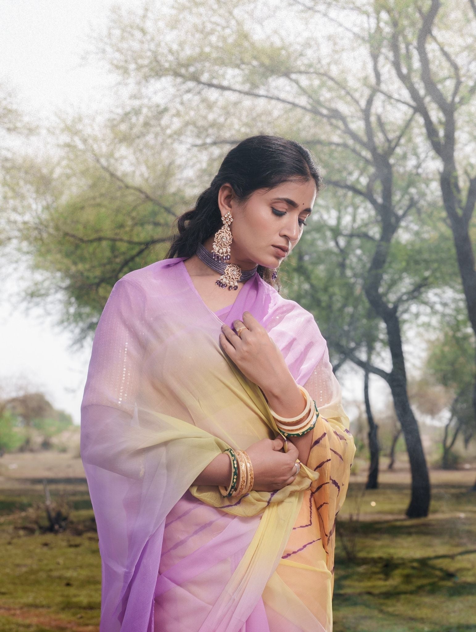 Levender Yellow Multicolor Hand-Dyed Double Diamond Chiffon Saree