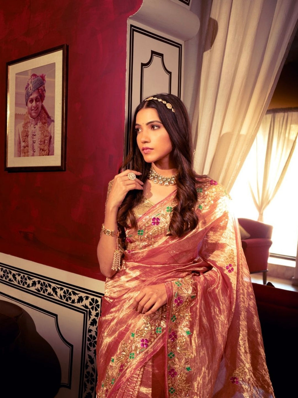 Rose Gold Tissue Silk Saree With Sequins and Zardozi Work