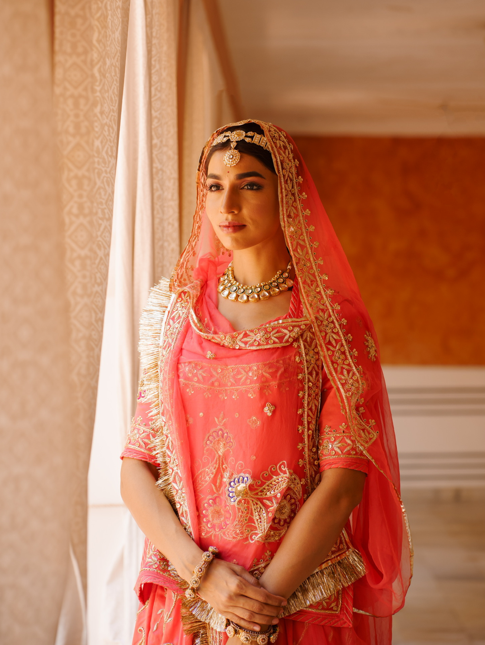 Coral Peach Satin Rajputi Poshak With Pure Odhna