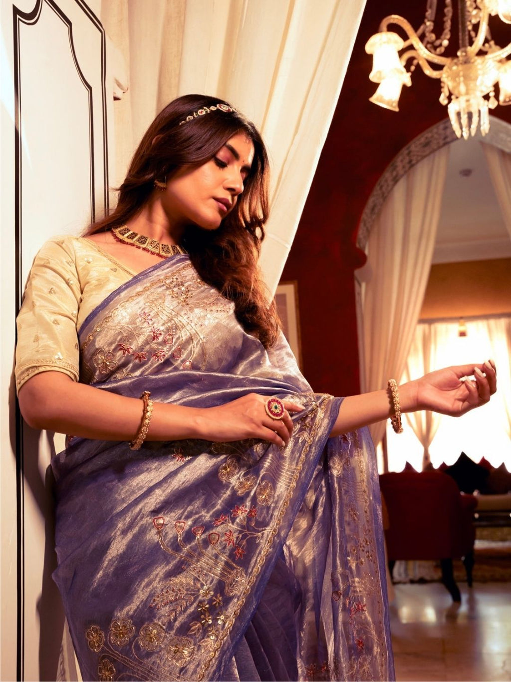 Lavender Tissue Silk Saree With Zardozi Work
