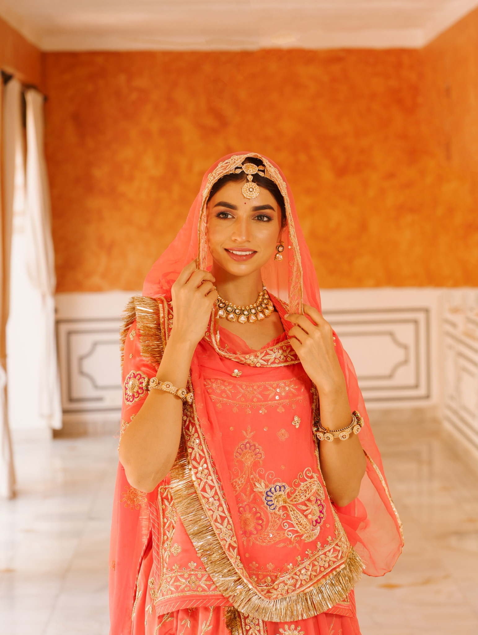 Coral Peach Satin Rajputi Poshak With Pure Odhna