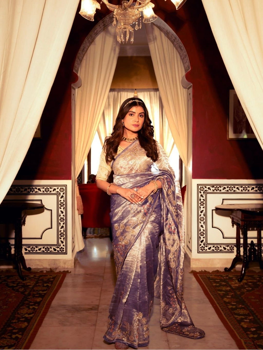 Lavender Tissue Silk Saree With Zardozi Work