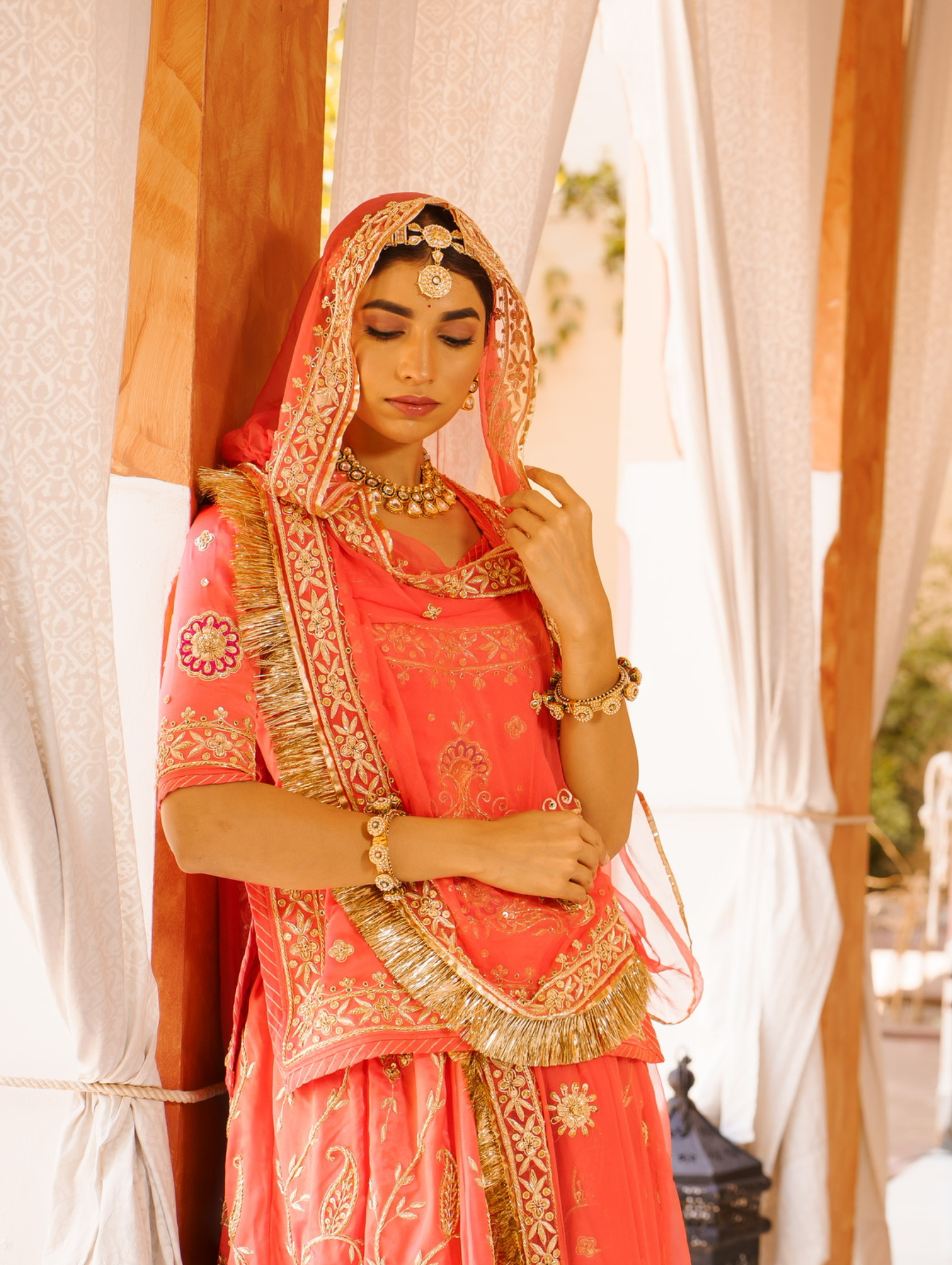 Coral Peach Satin Rajputi Poshak With Pure Odhna
