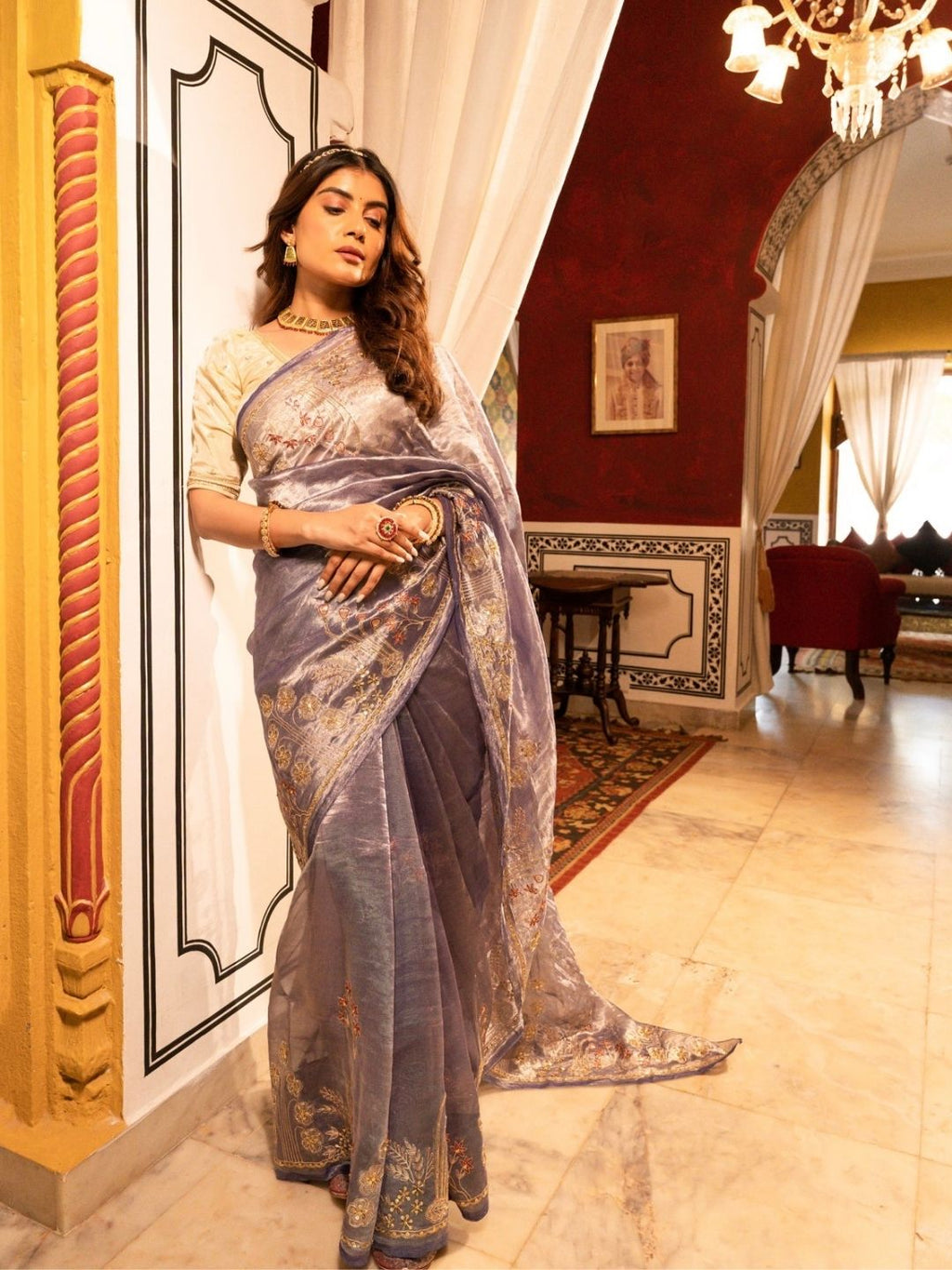 Lavender Tissue Silk Saree With Zardozi Work