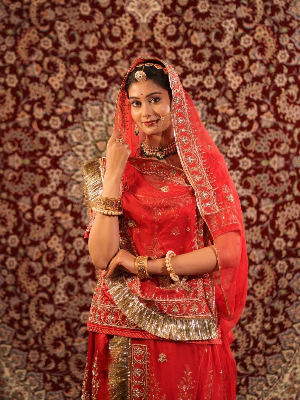 Red Satin Zardozi Handwork Bridal Rajputi Poshak With Pure Odhna