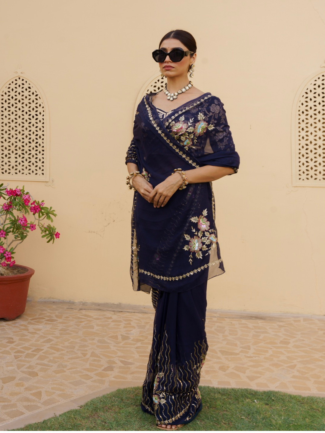 Navy Blue Chiffon Saree – Floral Zari
