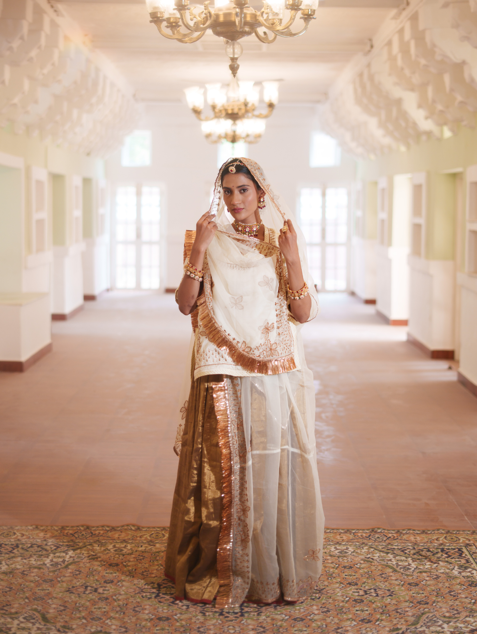 Ivory and Gold Tissue Bamber Satin  Rajputi Poshak