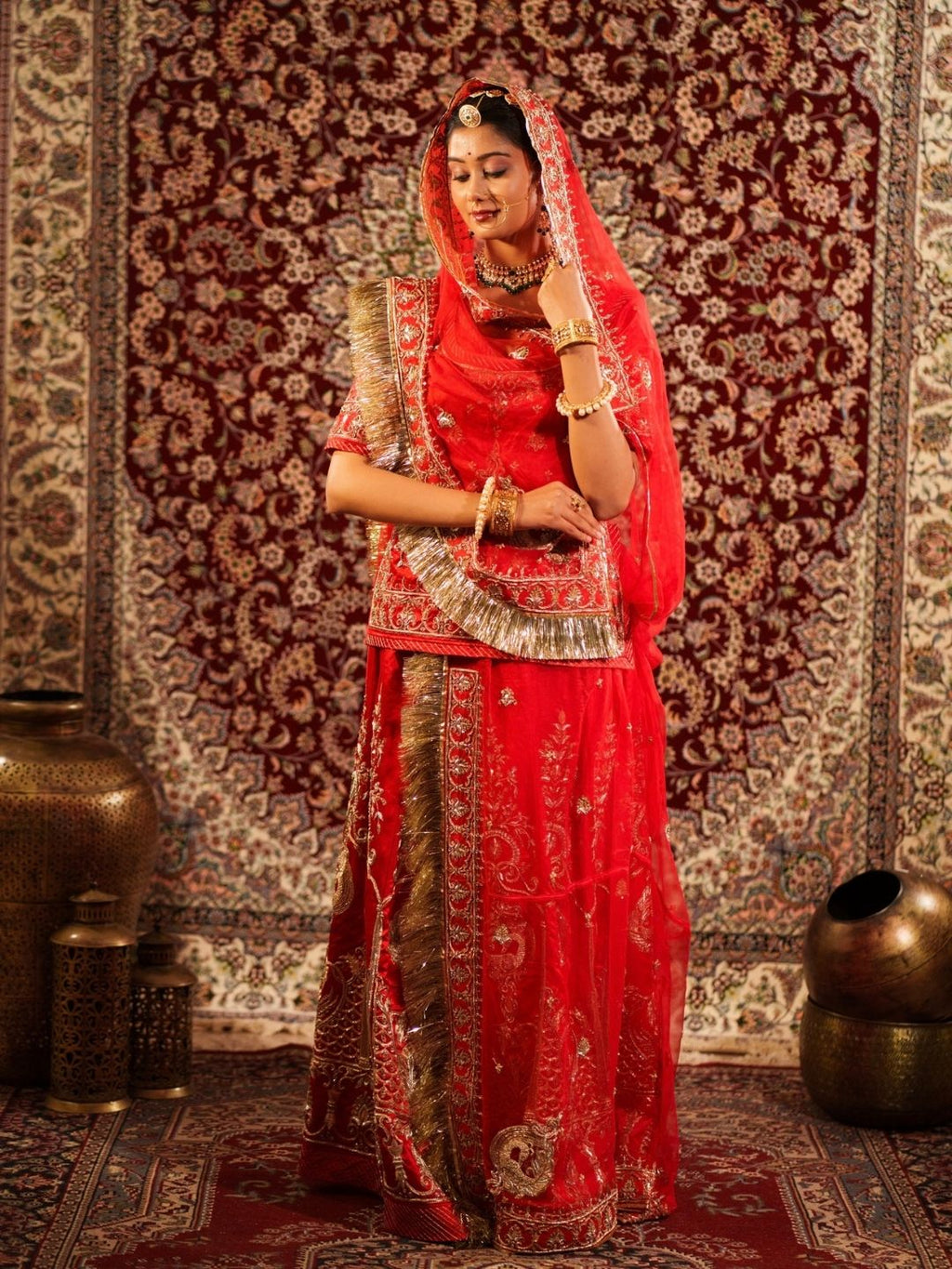 Red Satin Zardozi Handwork Bridal Rajputi Poshak With Pure Odhna