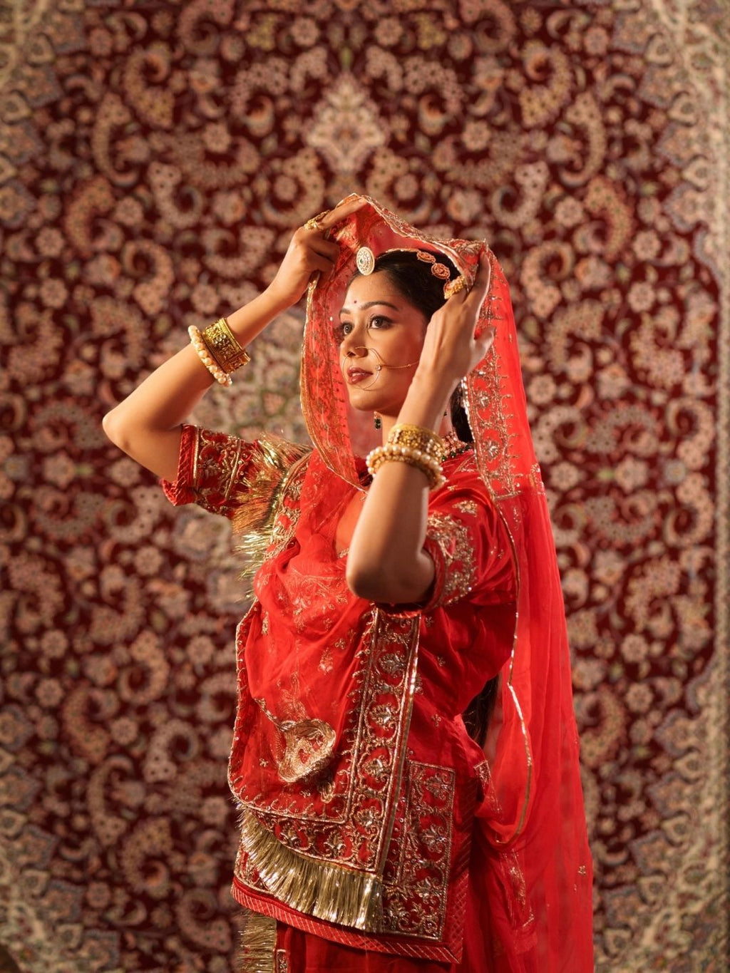 Red Satin Zardozi Handwork Bridal Rajputi Poshak With Pure Odhna