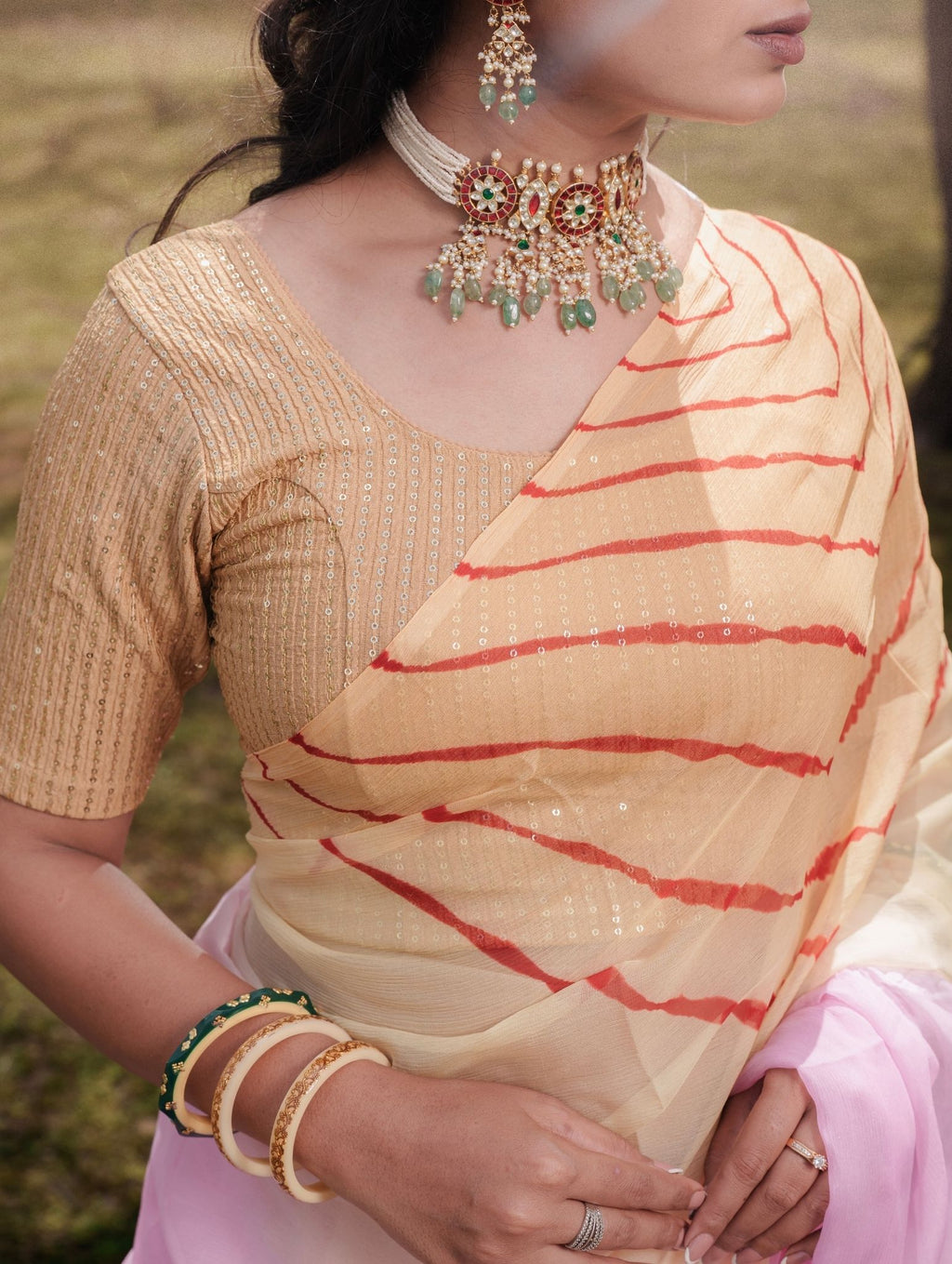 Butter Yellow, Blush Pink Multicolor Hand-Dyed Double Diamond Chiffon Saree