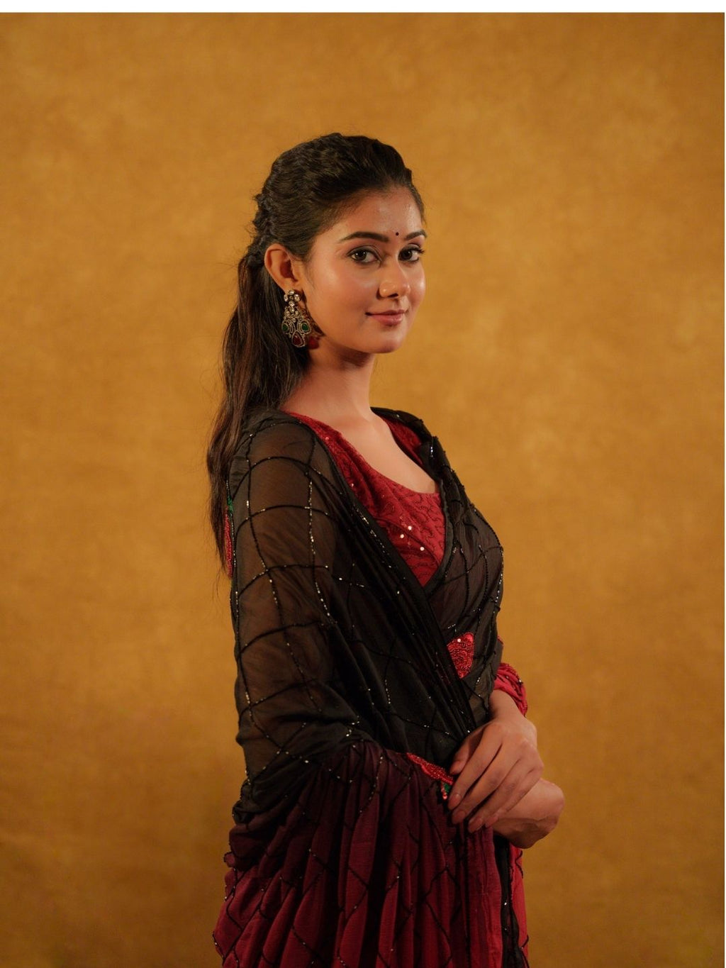 Shaded Black Red Chiffon Saree With Bead Work