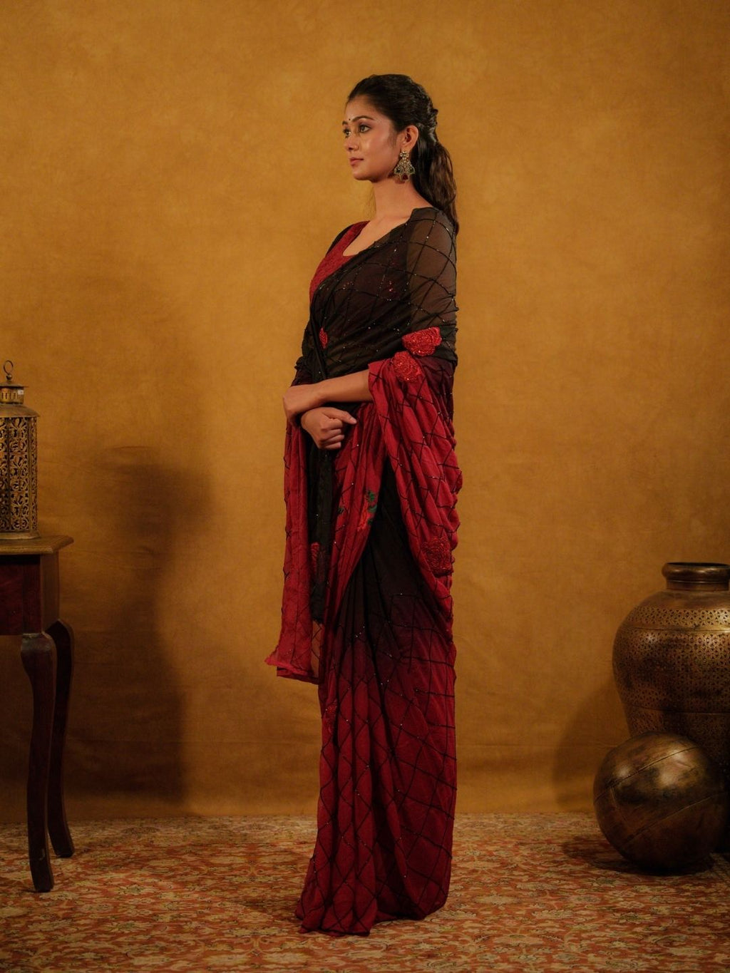 Shaded Black Red Chiffon Saree With Bead Work
