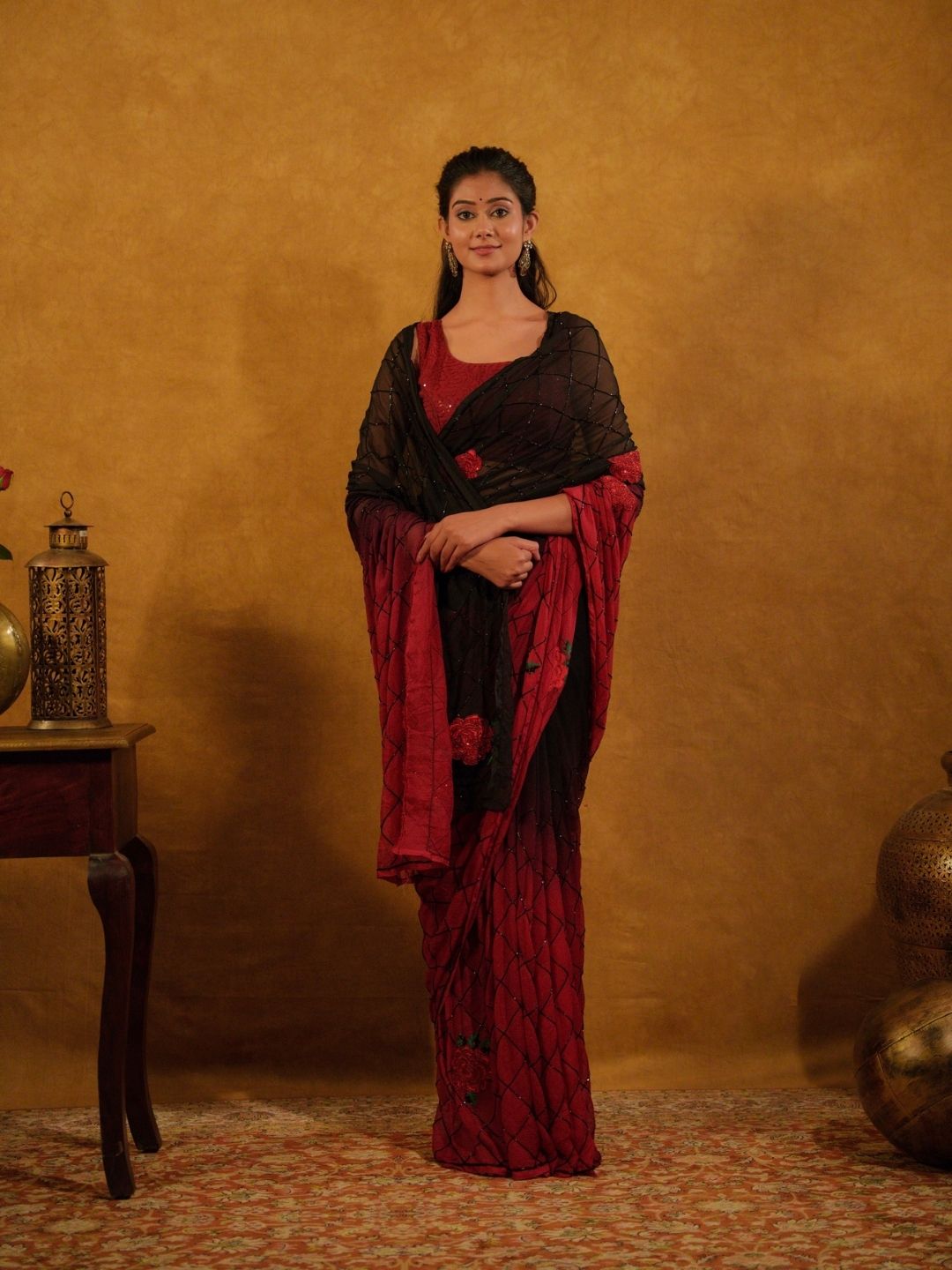 Black Red Chiffon Saree – Floral Embroidery
