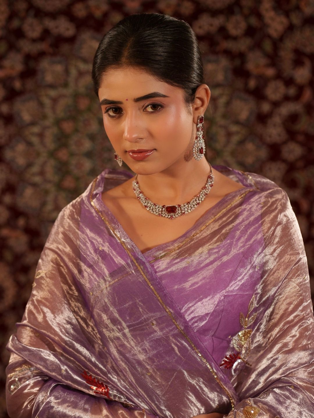 Lavender Tissue Silk Saree – Floral Embroidery