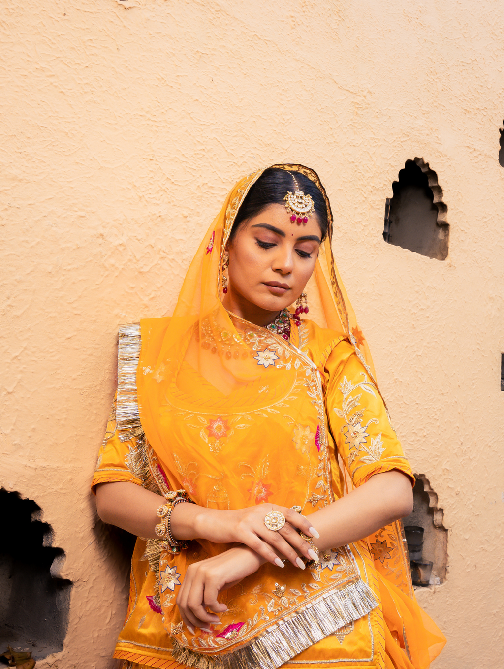 Yellow Pure Satin Poshak With Pure Odhna