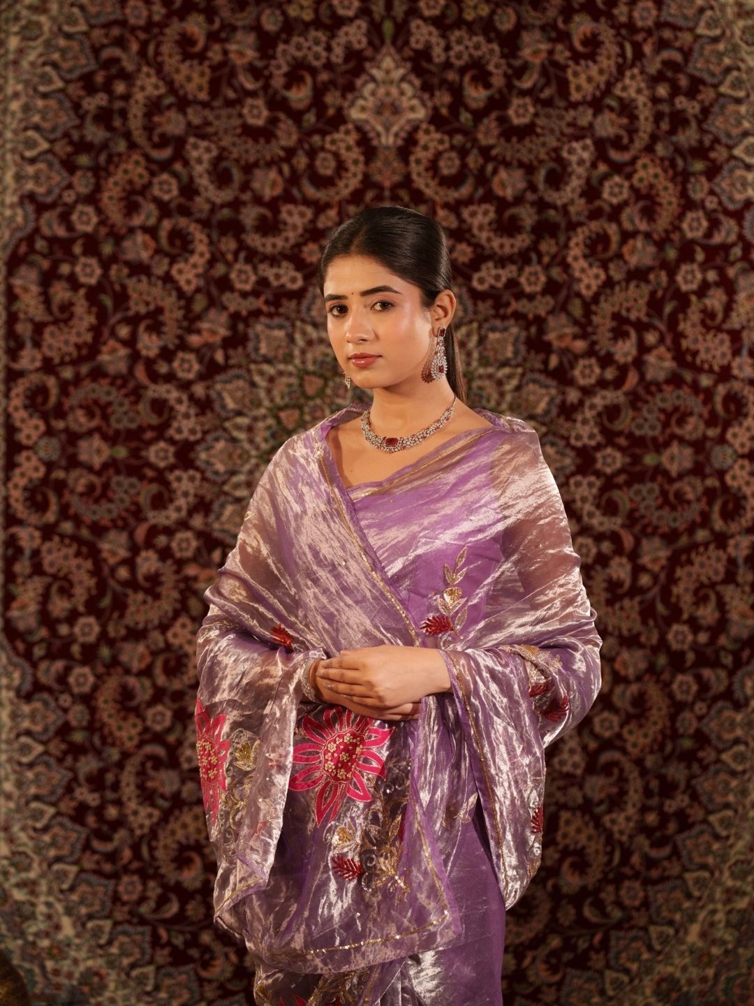Lavender Tissue Silk Saree – Floral Embroidery