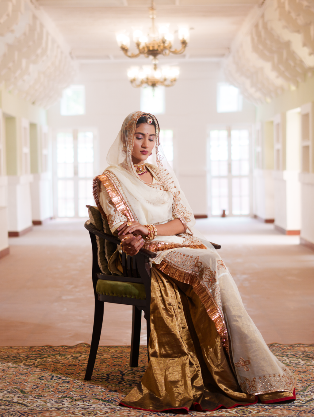 Ivory and Gold Tissue Bamber Satin  Rajputi Poshak