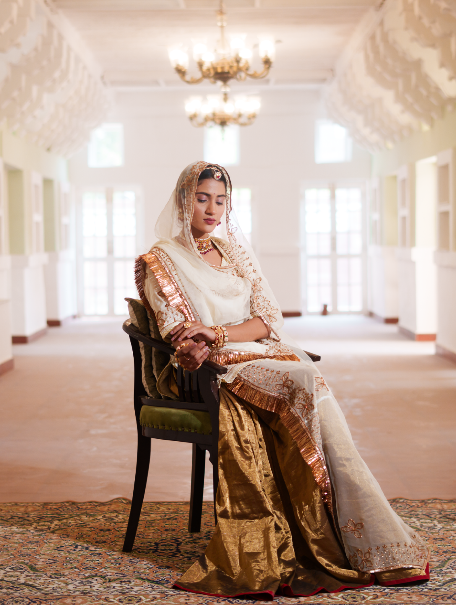 Ivory and Gold Tissue Bamber Satin  Rajputi Poshak