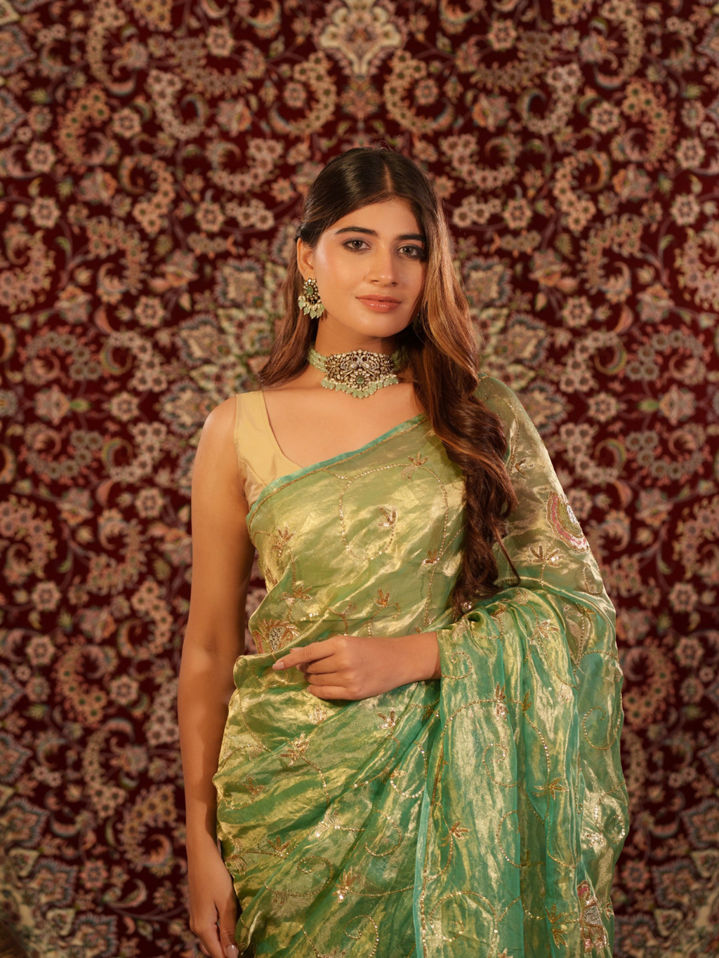 Green Premium Tissue Jaal Handwork Saree